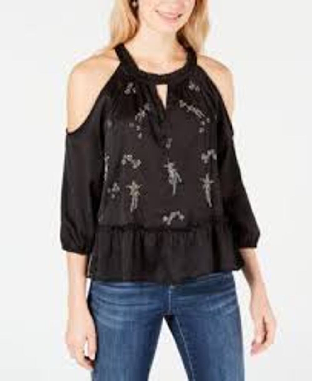 INC Embellished Cold Shoulder Peplum Blouse Black Womens Small